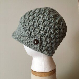 Peaked Hat with Buttons | Crochet Puff Stitch Beanie | Handmade Beanie with Brim